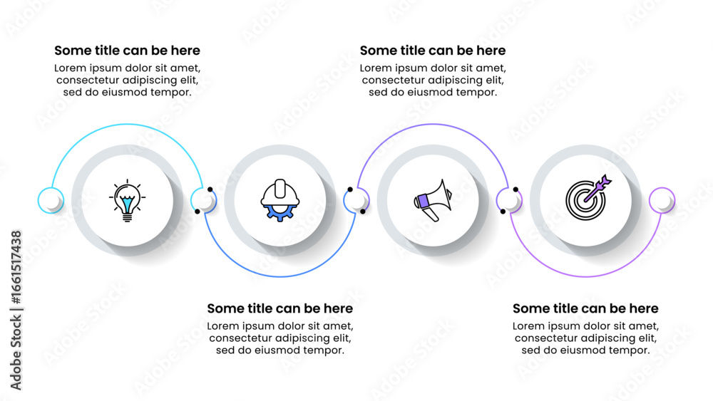 Poster infographic template. 4 connected circles in a row with icons