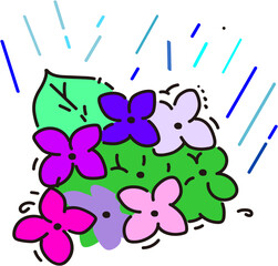vector, Colorful flowers with green leaves under light rain droplets  