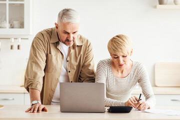 Accounts, loans, mortgages and taxes. Concentrated senior man and woman counting expenses and pays...