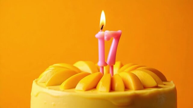 A mango cake with pink seventeen candles lit on top against a bright orange colored background