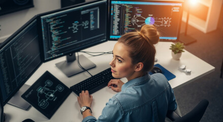 Female software developer working with multiple computer screens. Professional data analyst programming and analyzing charts in a modern office.