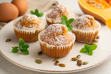 Pumpkin Muffins. A traditional fall recipe with fresh pumpkin, eggs, and flour.
