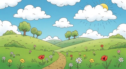 Naklejka premium Cartoon Landscape of Rolling Green Hills, Sunny Sky, and Colorful Flowers