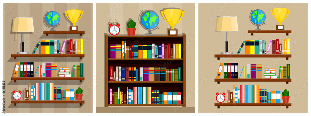 Poster set of three images of a home library interior with book shelf and various objects in flat style. ed
