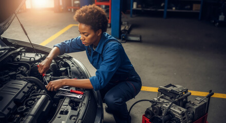African American female mechanic working on a car engine in a garage. Focused woman in overalls repairing a vehicle in an auto service shop.