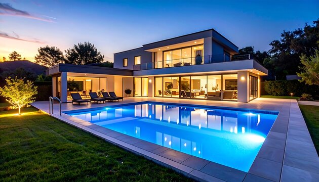 Modern luxury villa with glowing pool at twilight showcasing contemporary design aesthetics