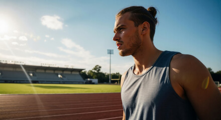 Determined male athlete on a running track in a stadium. Focused young man preparing for a race on a sunny day. Copy space for text.