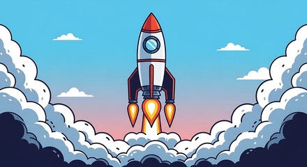 Cartoon Rocket Launching Through Clouds Against a Gradient Sky Background