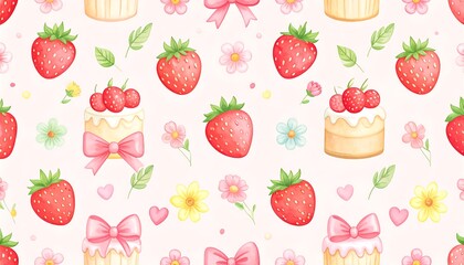 Watercolor Strawberry and Cake Seamless Pattern