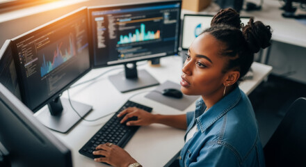 Focused black female developer working with multiple computer screens. Professional African American female data analyst programming in a modern office.