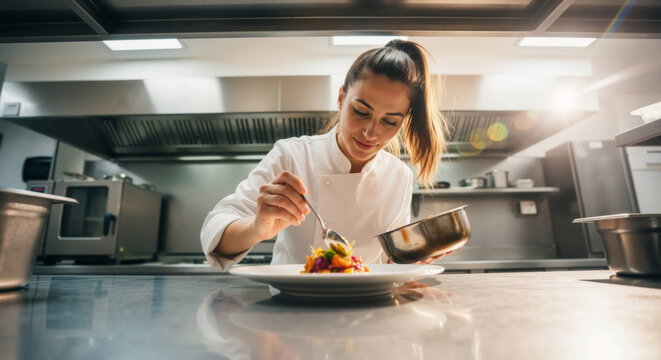 Female chef plating a gourmet dish in a professional kitchen. Young cook preparing a meal with precision and care.