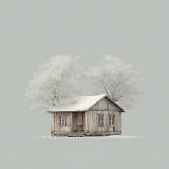 A small, weathered wooden house sits in a snowy landscape, with frosted trees surrounding it