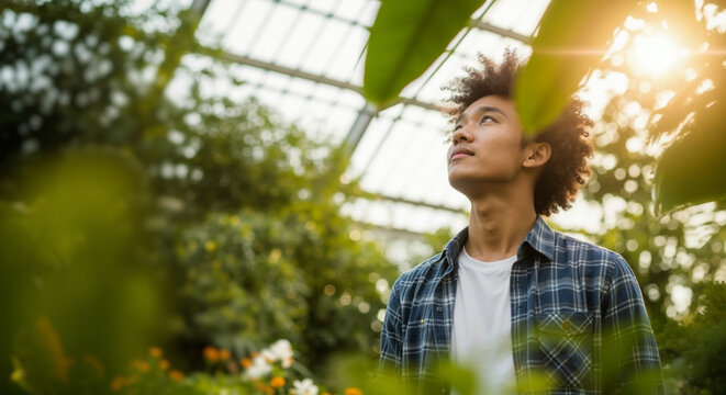 Young man looking up with wonder in a lush greenhouse. Botanist or student exploring a botanical garden. Copy space for text. - Powered by Adobe