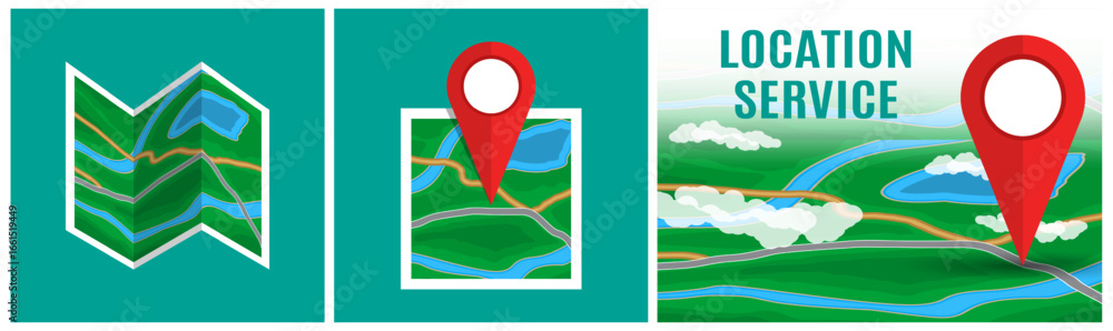 Poster flat style vector set with folded paper map, map with pointer, and map with location service text fo