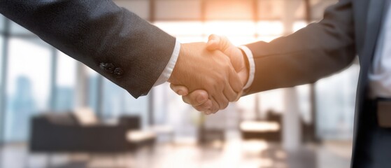 The handshake symbolizes a successful business agreement in a modern office setting.