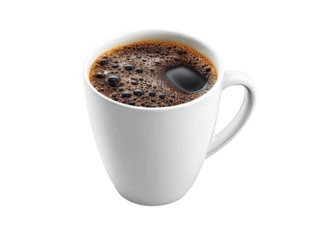 Aromatic dark coffee in a white mug black background, Isolated On Transparent Background