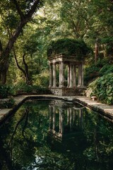 Verdant gazebo reflected in still pool