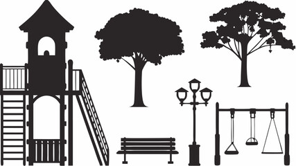 Naklejka premium Silhouette illustration of a playground with a slide swings bench trees and a lamppost in a park setting