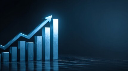 Clear blue upward arrow rising on a 3d financial bar graph representing business growth, investment success, corporate strategy, and positive financial trends on a white background
