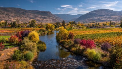 Obraz premium Autumnal vineyard landscape beside a river. A scenic view of a valley with fall foliage. Colorful vineyards, a clear river, and mountains in the distance. Tranquil scene