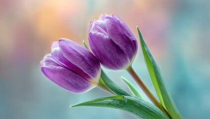 Fototapeta premium Close-up of two vibrant purple tulips, soft pastel background