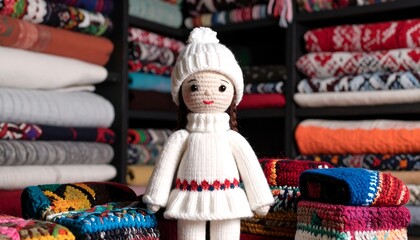 Handmade crochet doll displayed amongst textiles