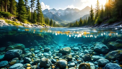 Eco wilderness landscape featuring clear river water with rocky bottom, surrounded by forest trees and mountain background. Natural scene with above and underwater perspective