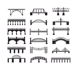 Bridge Diversity in Architectural forms: A black and white architectural illustration showcasing various bridge designs, offering a glimpse into the diverse world of construction.