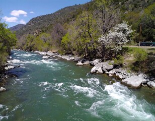 Obraz premium Mountain River Rapids Aerial View Spring