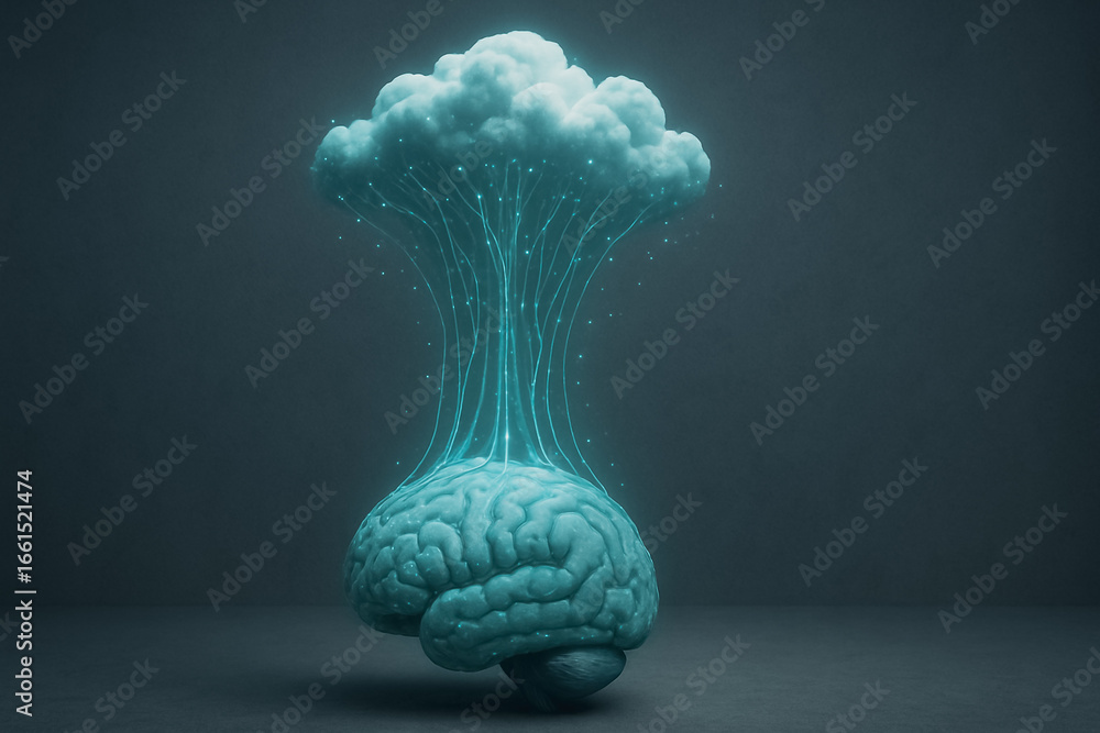Poster brain cloud connection: a human brain is connected to a cloud via glowing tendrils. this surreal ima