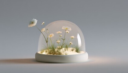 Small, clear glass dome over a miniature landscape of delicate white flowers and grass