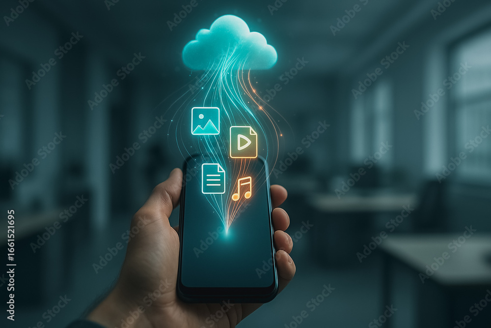 Poster digital data transfer: a close-up captures a hand holding a smartphone with visual representation of