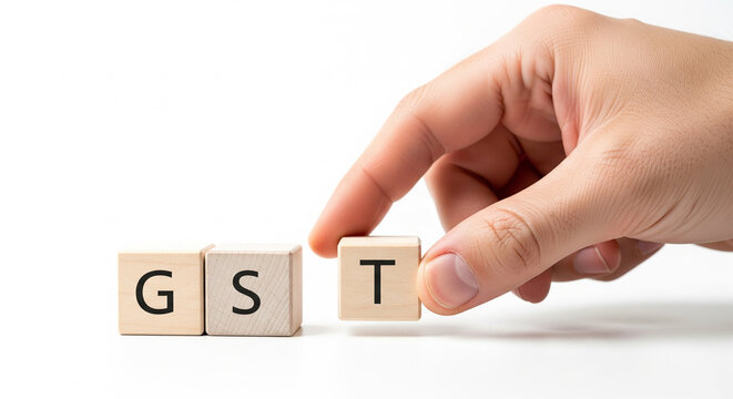 human hand placing final cube forming gst word with wooden blocks representing taxation finance accounting and business compliance concept