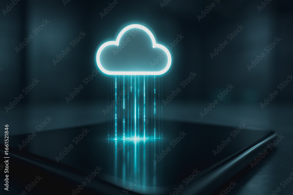 Poster cloud data synchronization: a glowing cloud icon emitting digital streams, symbolizing seamless data