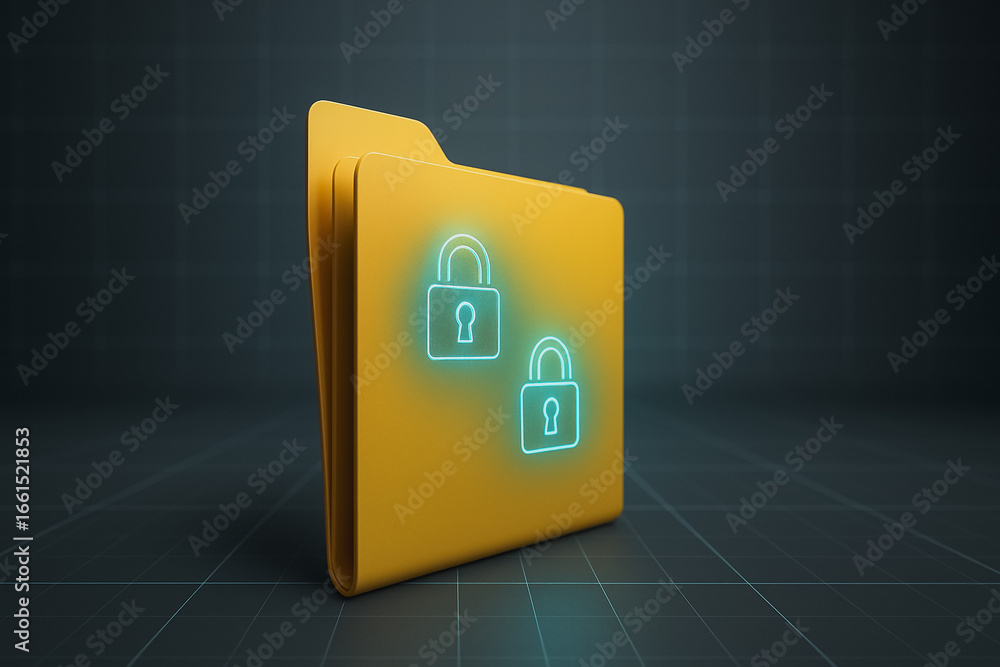 Poster secure folder concept: a digital folder is illuminated with glowing locks, signifying protection. it