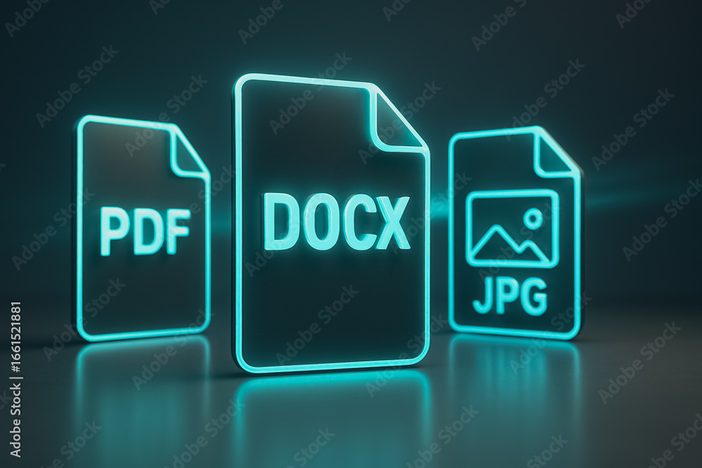Poster file format icons: illuminated digital icons representing essential file formats – pdf, docx, and jp