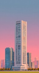Fototapeta premium Tall, light-colored building against a soft pink sunset cityscape