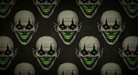 A Creepy Carnival of Clowns Chilling and Smiling Menacingly with Glowing Green Teeth