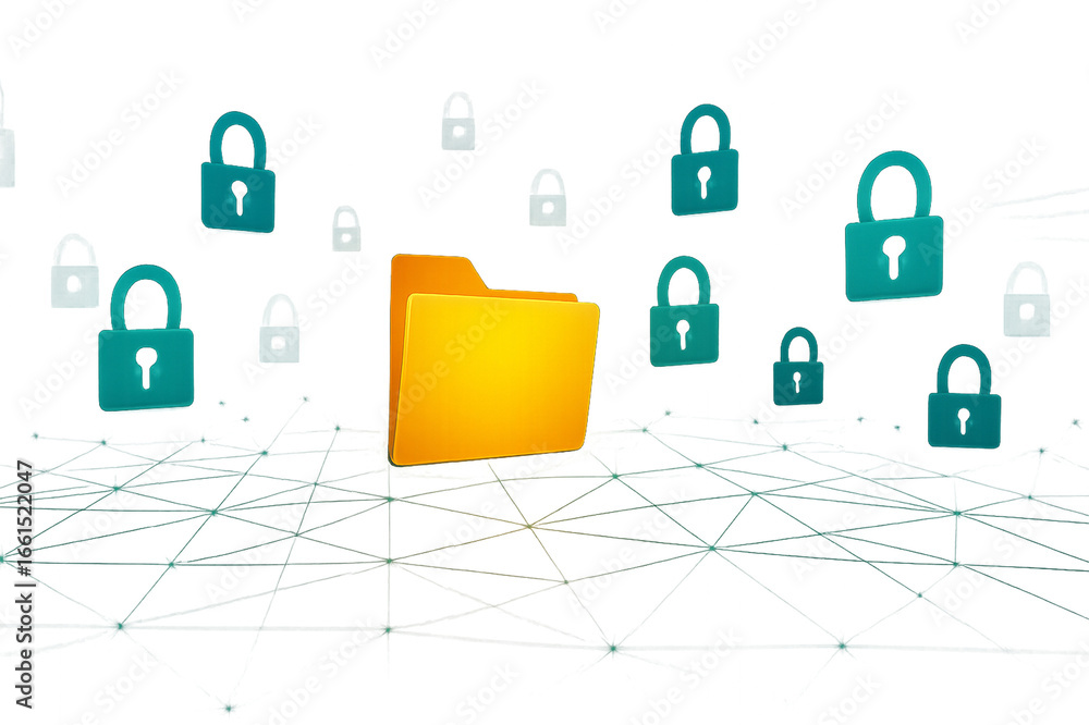 Poster secure data: a vibrant digital illustration showcasing a secure folder amidst a network of locks, sy