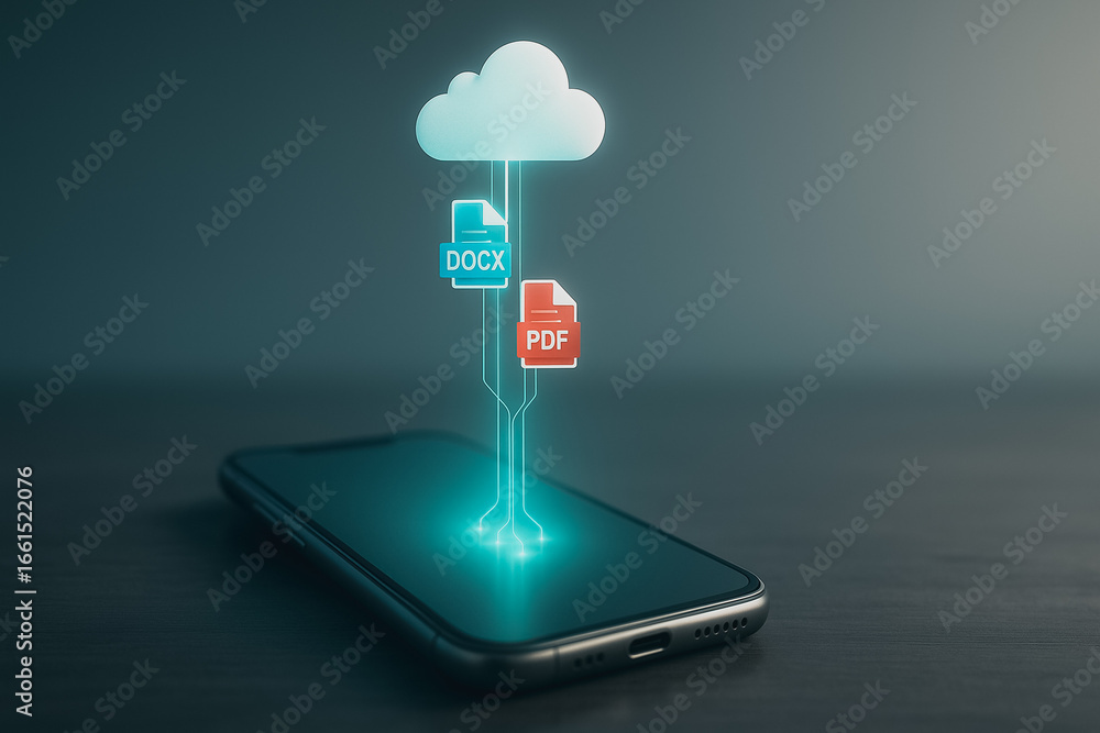 Poster digital download: a conceptual image depicting the seamless transfer of data between a smartphone an