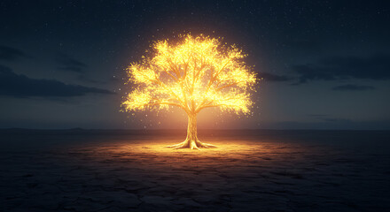 Glowing tree radiates hope and dreams under starry night sky