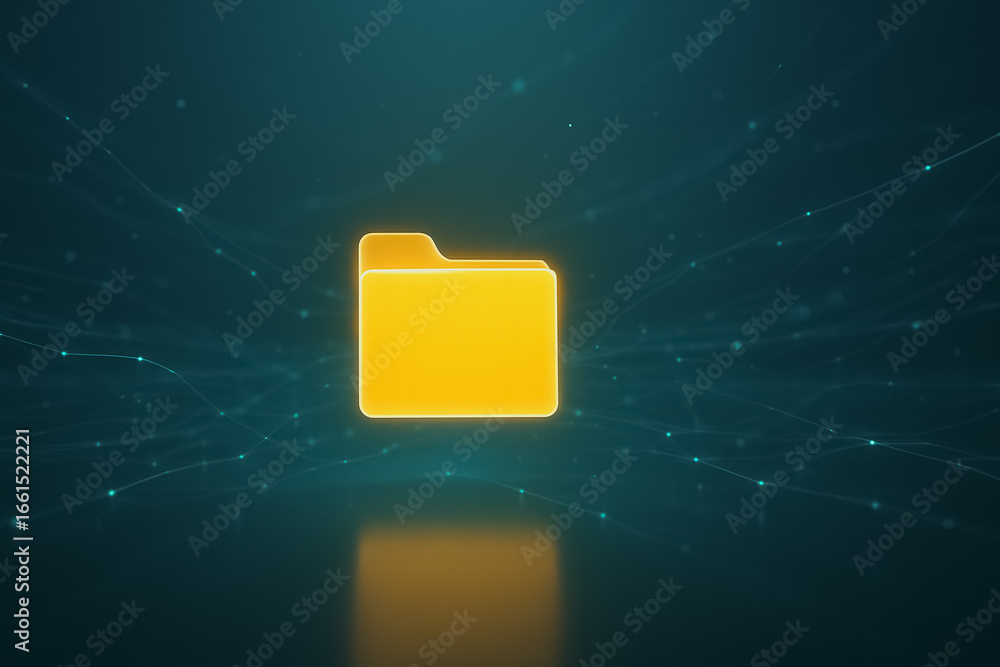 Poster digital folder icon on abstract tech background: a digital folder icon glows against a stunning, tec