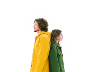 Young man in yellow jacket and young woman in green jacket standing back to back, isolated on transparency background, casual fashion, neutral expression, modern style, outdoor clothing
