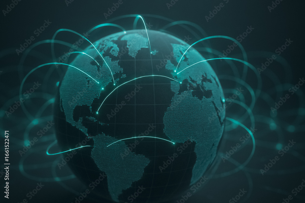 Poster global network: a luminous digital representation of the globe is interconnected with graceful glowi