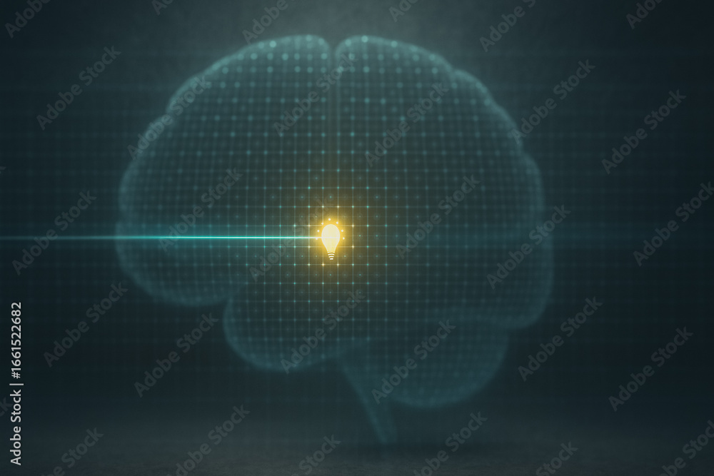 Poster digital brain with illuminated focus: a digitally rendered representation of the brain, with a focal