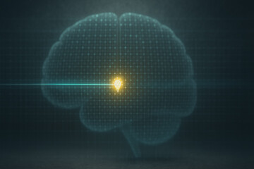Obraz premium Human brain wireframe with a glowing lightbulb representing an idea