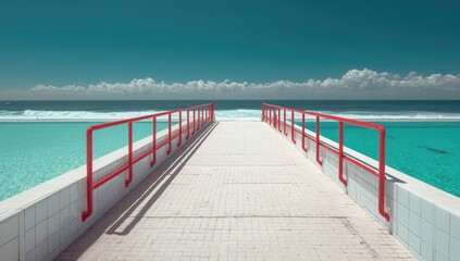 Obraz premium Ocean-facing walkway to a turquoise pool, red railings, bright day