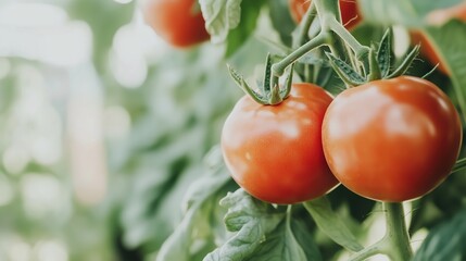 Fresh red tomatoes growing on the vine in a sunny greenhouse during the summer harvest season