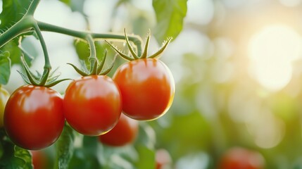 Ripe tomatoes grow on the vine in a sunny garden during the summer season