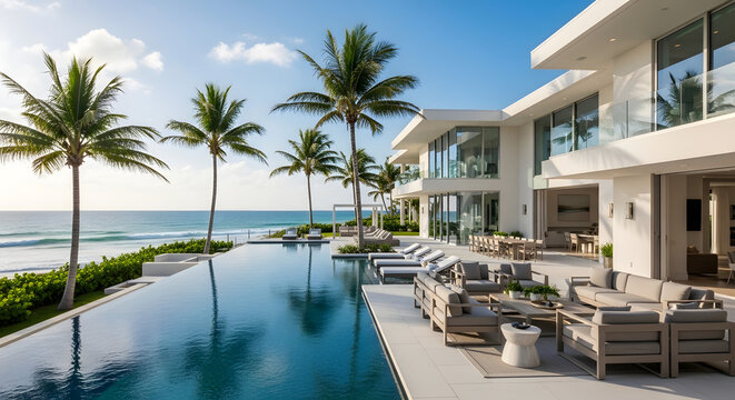 Luxury mansion with pool and palm trees overlooking the ocean on sunny day - Powered by Adobe